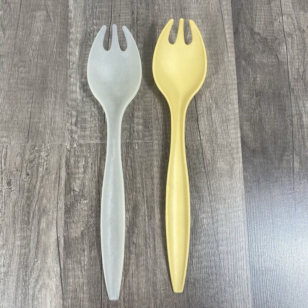 Vintage TUPPERWARE Spoons Fork Salad Serving Sporks Frosted Clear And Yellow